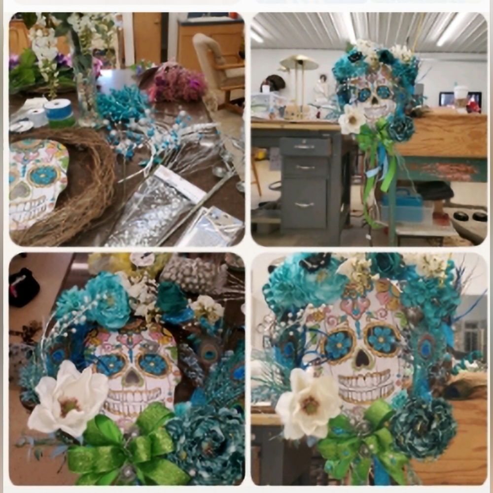 HANDMADE TURQUOISE, GREEN & WHITE SUGAR SKULL WREATH - 1 of a Kind - Picture 4 of 6